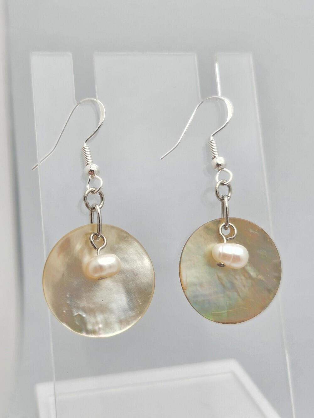 Handmade Mother of Pearl & Freshwater Pearl Dangle Earrings Sterling Silver 1.5"